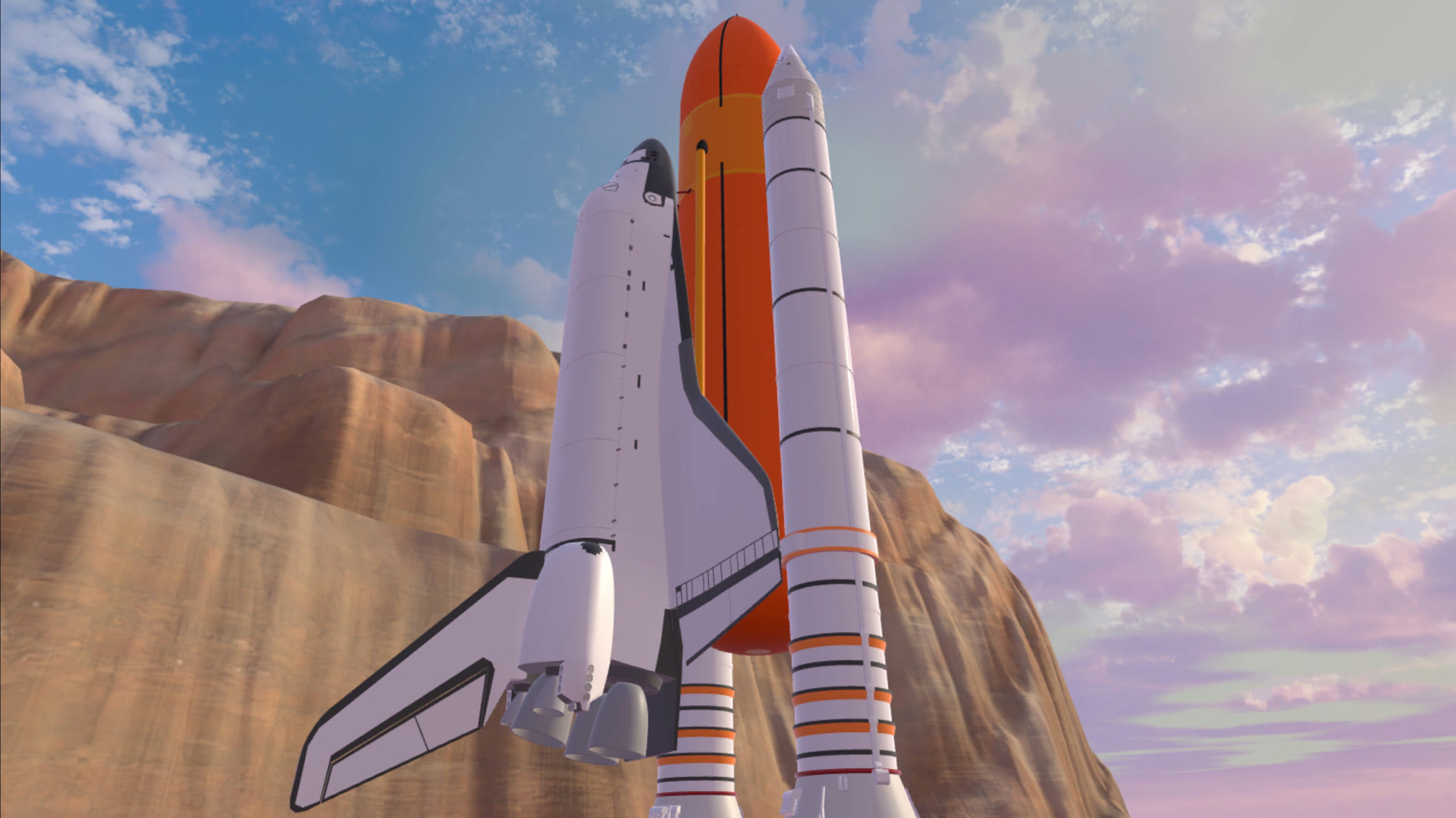 Space Shuttle with external tank and boosters seen from below